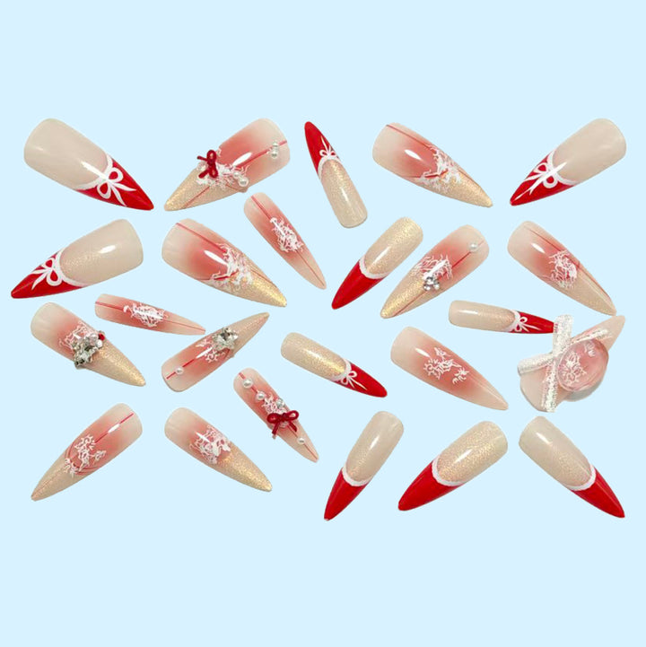 Artificial nails with romantic bow and lace design Bowlift