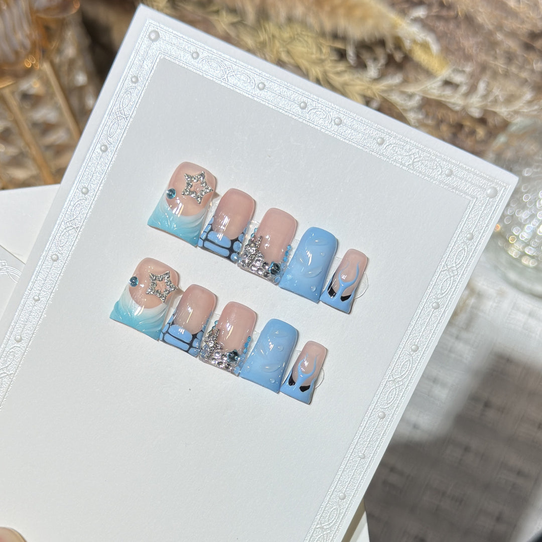 Decorative Press-On Nail Art Set with Ocean-Inspired Design Bowlift