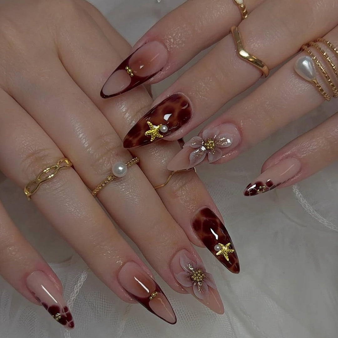 Stiletto Nail Art Extensions with Floral and Star Accents Bowlift