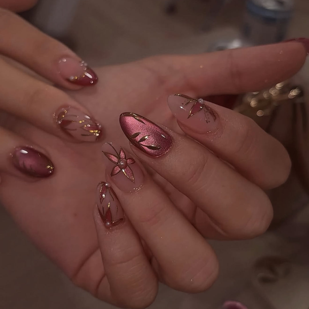 Artistic Nail Extensions with retro-inspired floral design Bowlift