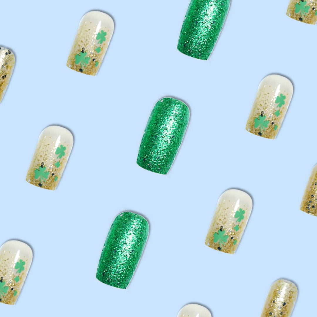 Festive Decorative Press-On Nails with Shamrock Design Bowlift