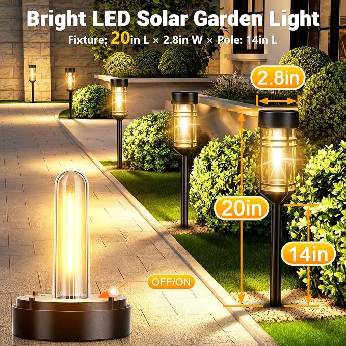 Solar LED Pathway Garden Stake Lights with Vintage Tube Glow Bowlift