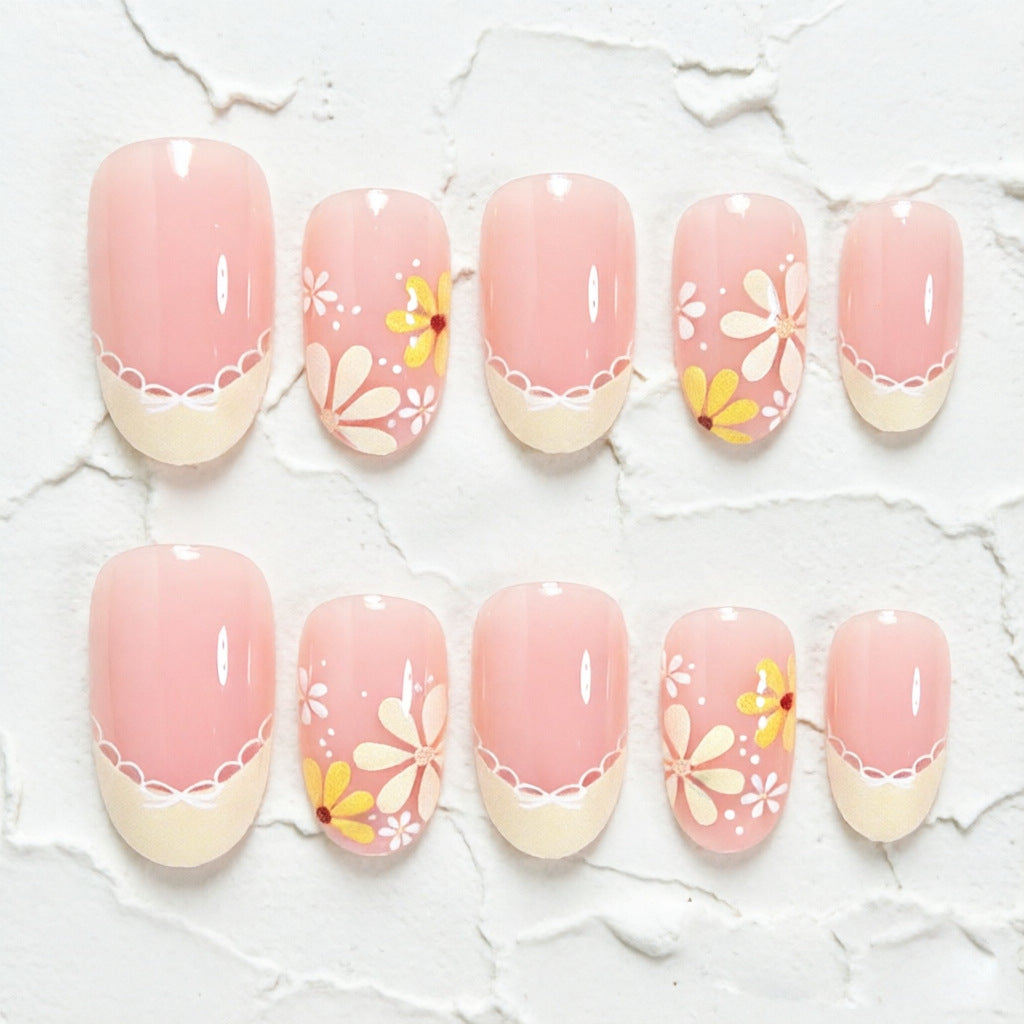 Elegant Floral French Tip Press-On Nails Bowlift
