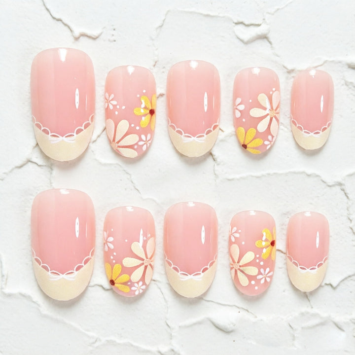 Elegant Floral French Tip Press-On Nails Bowlift