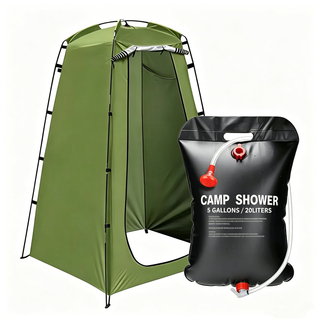 Portable camping shower privacy tent with five gallon solar shower bag and pop up foldable pole system Bowlift
