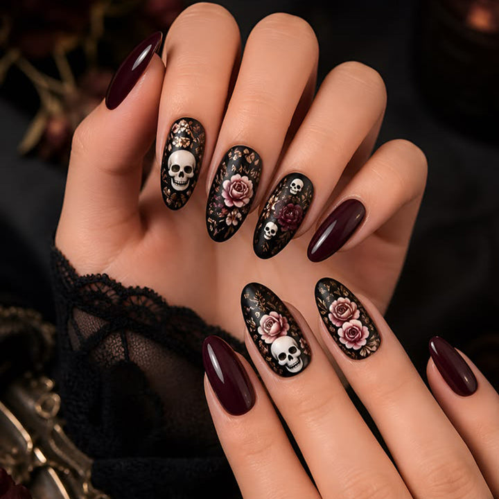 Gothic Floral and Skull Accent Nail Art Extensions Bowlift