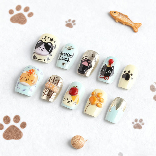 Whimsical Cat-Themed Press-On Nail Art Bowlift