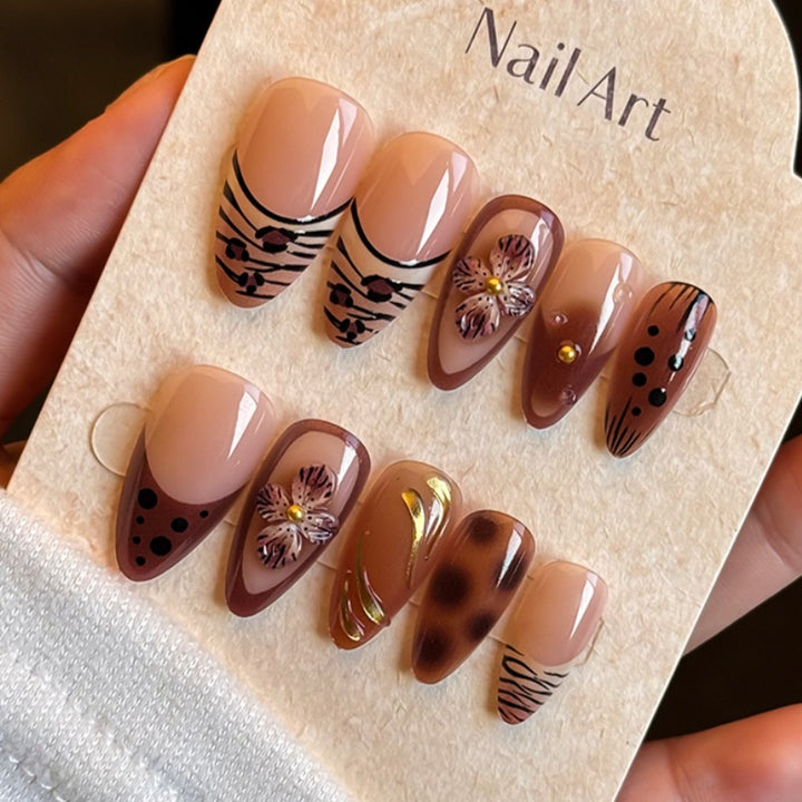 Artistic Press-On Nail Art Set with Floral and Abstract Design Bowlift