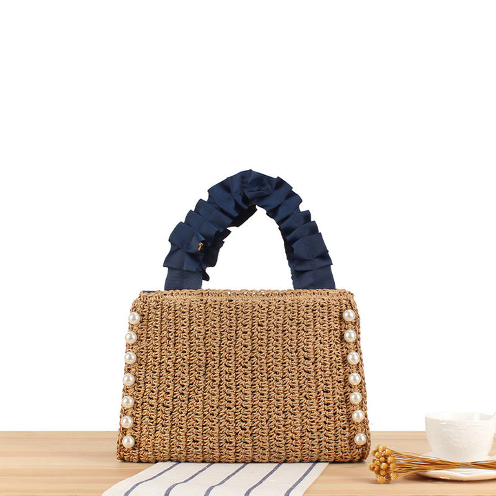 Elegant Handbag with Pearl Decoration and Ruffle Handle Bowlift