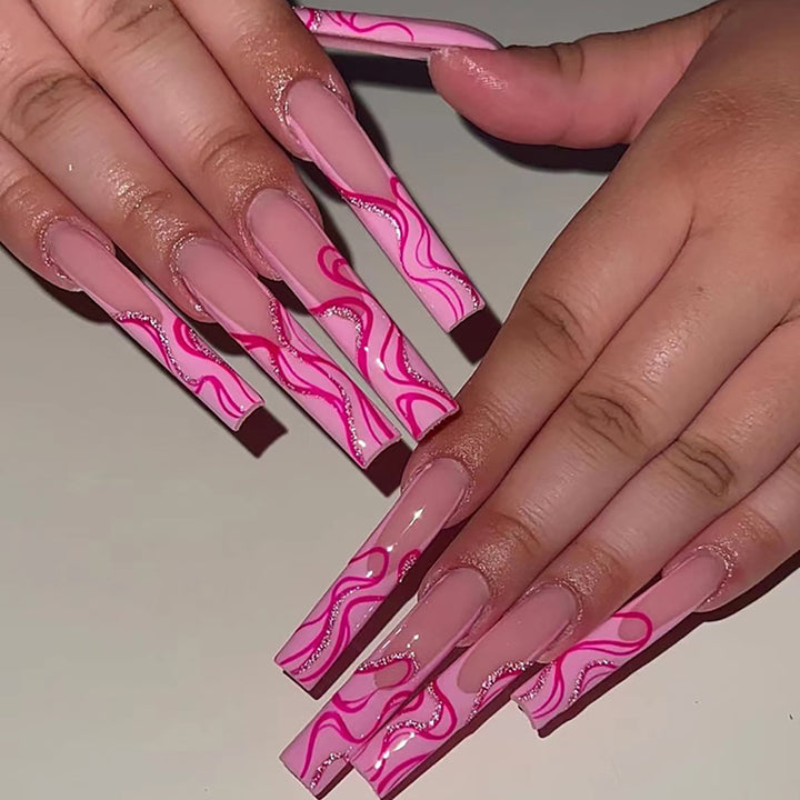 Long Stiletto Press-On Nail Extensions with Abstract Wave Design Bowlift