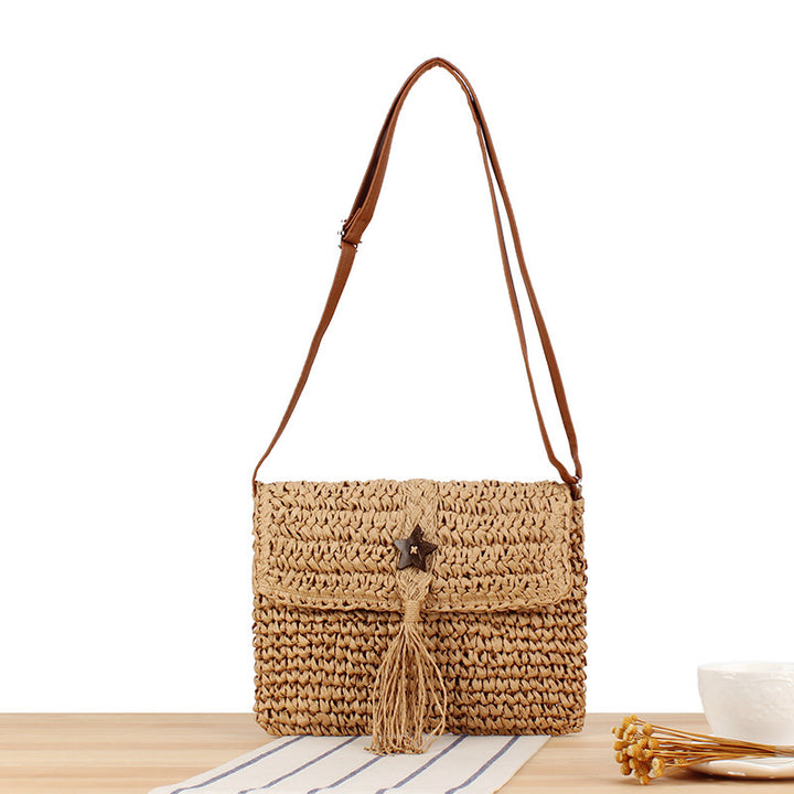 Handmade macrame shoulder bag with tassels and leather accents Bowlift