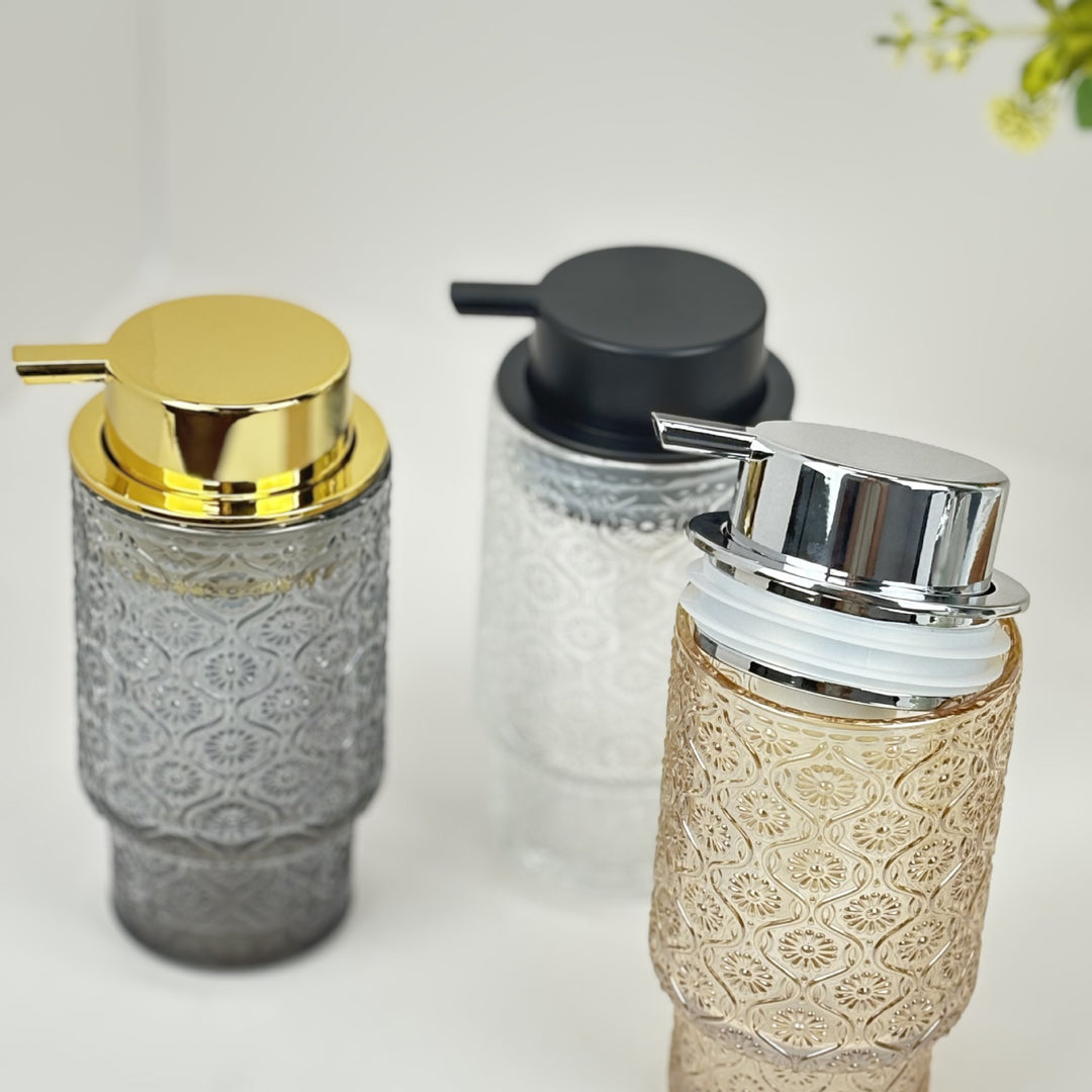 Embossed vintage glass vanity organizer set with pump dispenser and toothbrush cup Bowlift