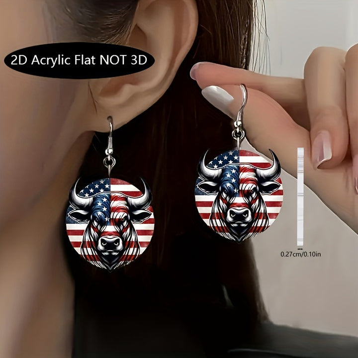 Women's flat acrylic hoop earrings with bull head motif and hook closure Bowlift