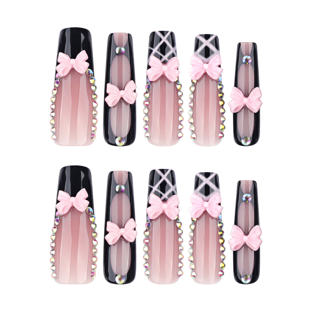 Artistic acrylic nails with floral design and rhinestone bow Bowlift