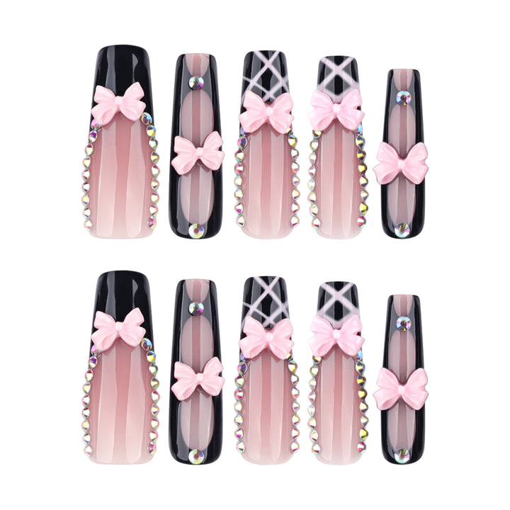 Artistic acrylic nails with floral design and rhinestone bow Bowlift