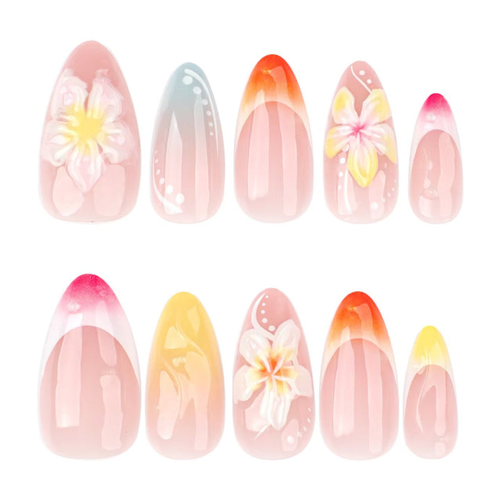 Artistic Press-On Nail Set with Floral and Ombré Designs Bowlift