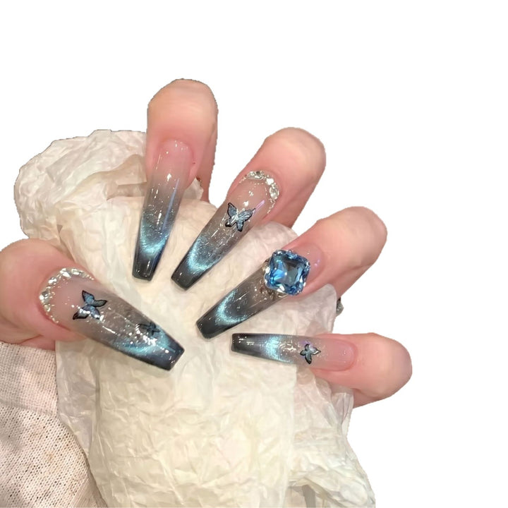 Artistic Ombre Press-On Nail Art Set with Butterfly and Gemstone Accents Bowlift
