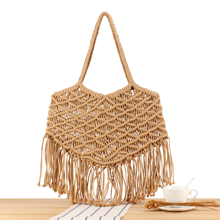 Macrame Tote Bag with Fringed Bottom Bowlift