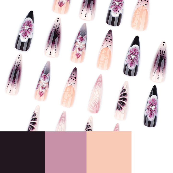 Artistic stiletto nails with floral 3D embellishments Bowlift