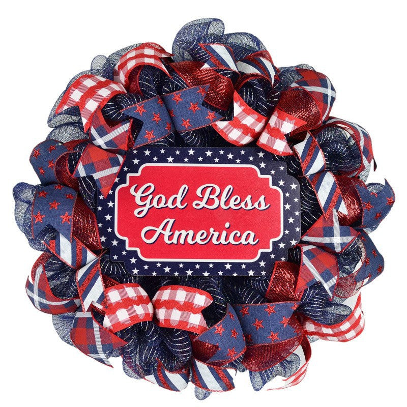 Unisex nan handcrafted Americana medallion wreath with layered deco mesh ribbons star motif bows and rustic sign Bowlift