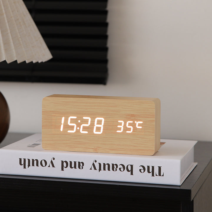 LED Wooden Digital Alarm Clock with Temperature Display Bowlift
