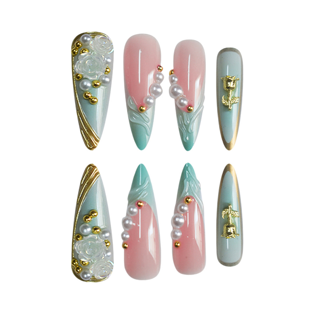 Luxurious Rhinestone and Floral Press-On Nail Art Bowlift