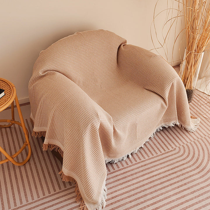Waffle-Weave Fringed Throw Blanket Bowlift
