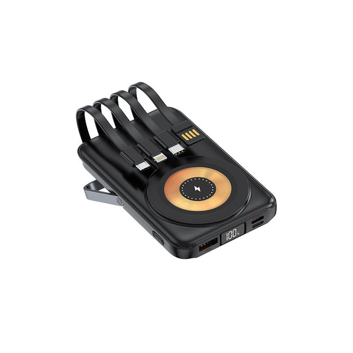 Compact power bank with integrated charging cable and wireless charging function Bowlift