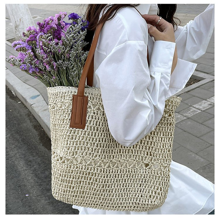 Elegant Braided Shopping Basket with Leather Handles Bowlift