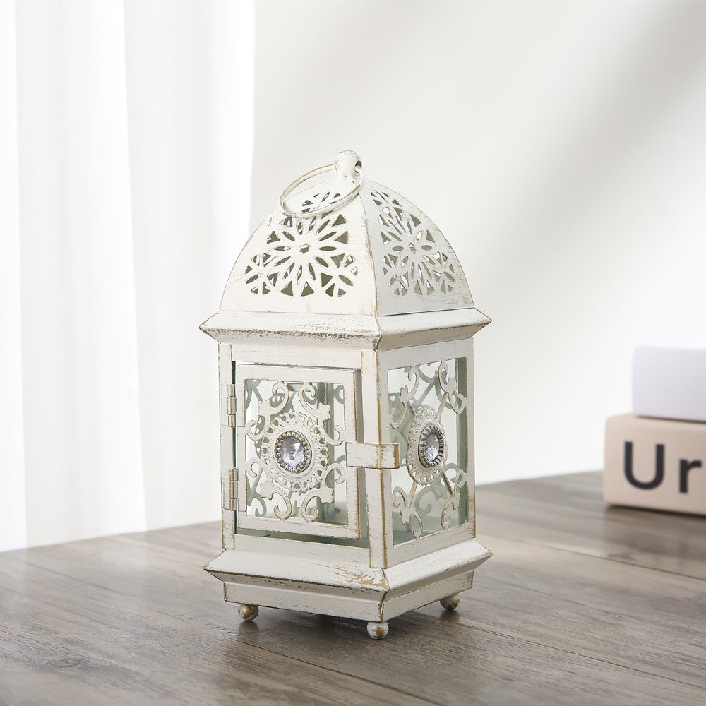 Antique-Style Decorative Metal Glass Candle Lantern with Filigree Cutouts and Hanging Ring Bowlift