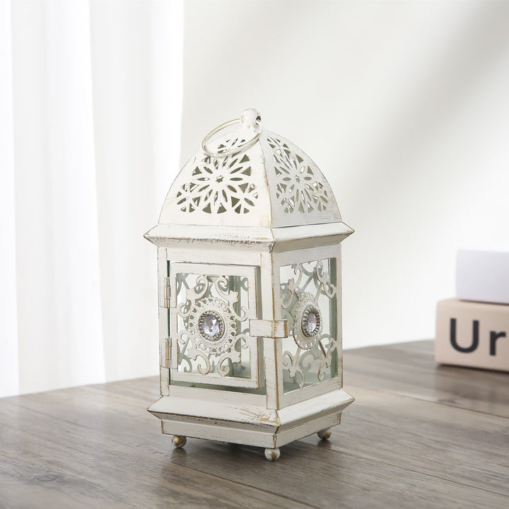 Antique-Style Decorative Metal Glass Candle Lantern with Filigree Cutouts and Hanging Ring Bowlift