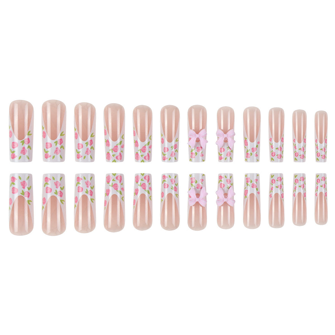 Floral Bow-Design Long Press-On Nails Bowlift