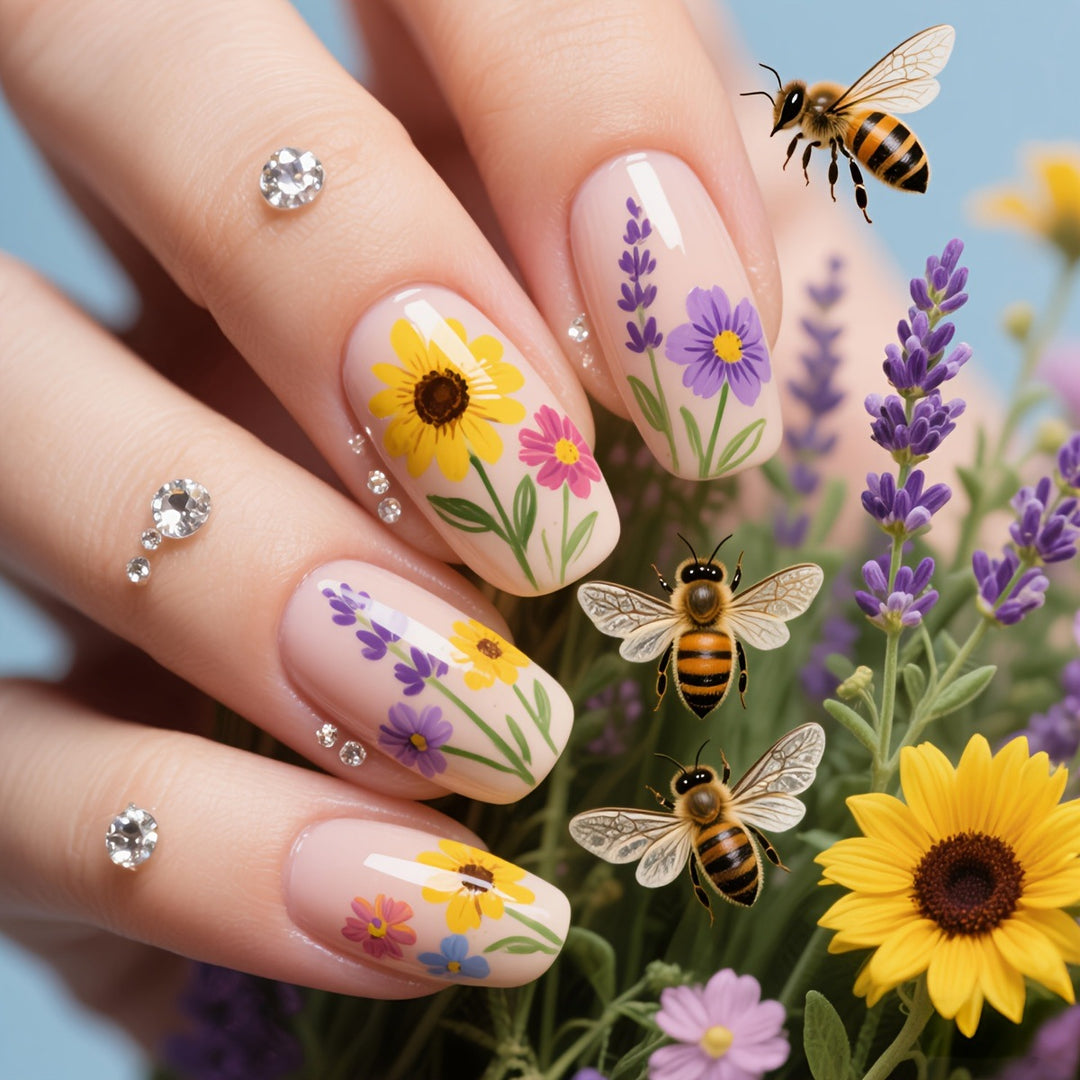 Glittering artificial nails with floral patterns Bowlift