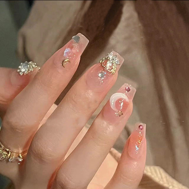 Artistic Press-On Nail Tips with Gemstone and Moon Accents Bowlift