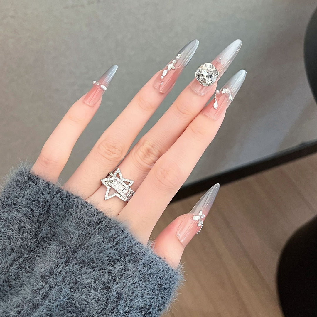Decorative Crystal-Embellished Long Stiletto Press-On Nails Bowlift