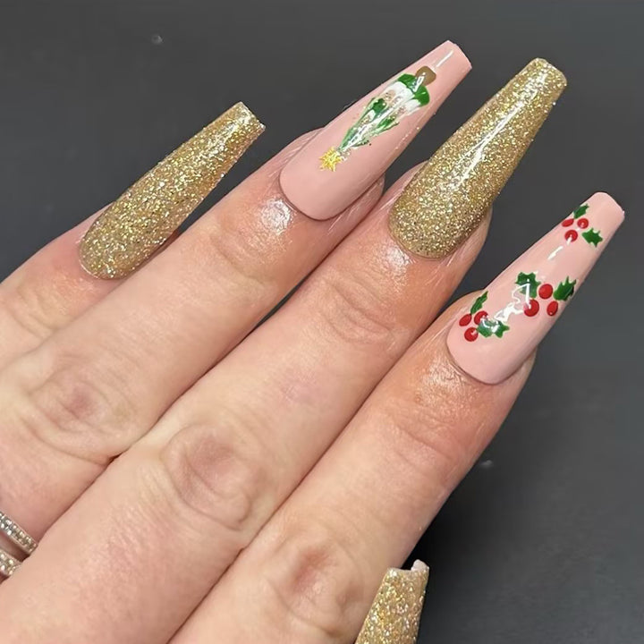 Holiday-Themed Glitter Acrylic Nails Bowlift