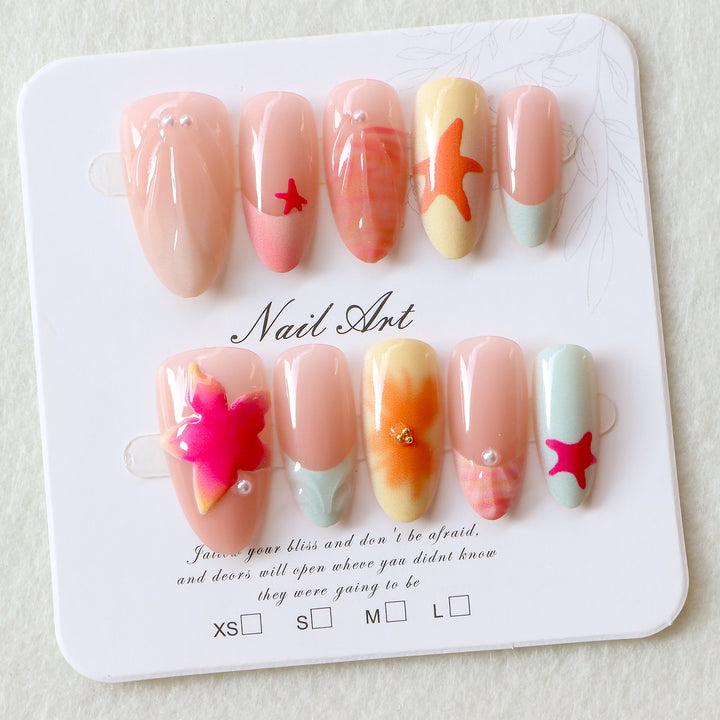 Artistic Press-On Nail Set with Tropical Theme Bowlift