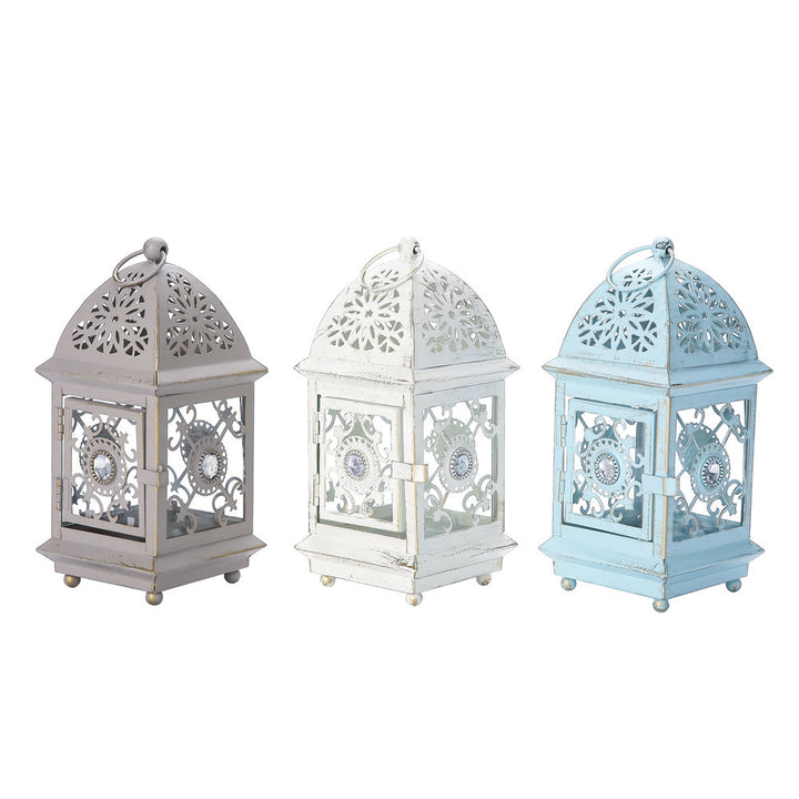 Antique-Style Decorative Metal Glass Candle Lantern with Filigree Cutouts and Hanging Ring Bowlift