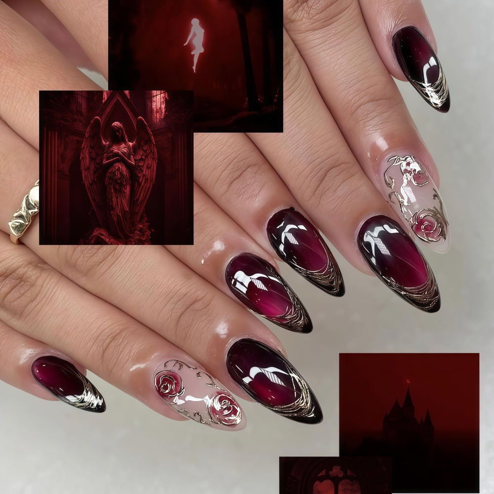 Artificial Nails Set with Elegant Ombre and Rose Designs Bowlift
