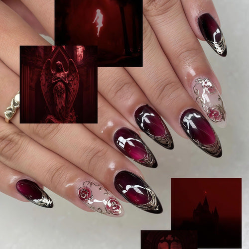 Artificial Nails Set with Elegant Ombre and Rose Designs Bowlift