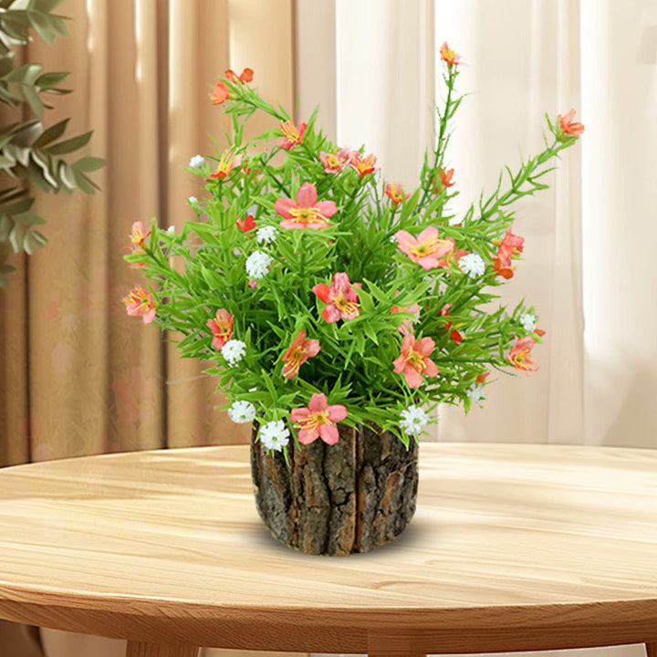 Lifelike Floral Arrangement with Rustic Wood Pot