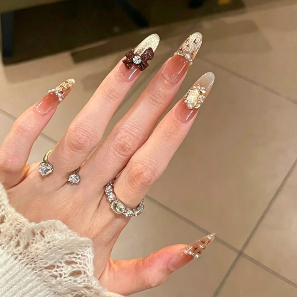 Decorative Bow and Gemstone Press-On Nails Bowlift