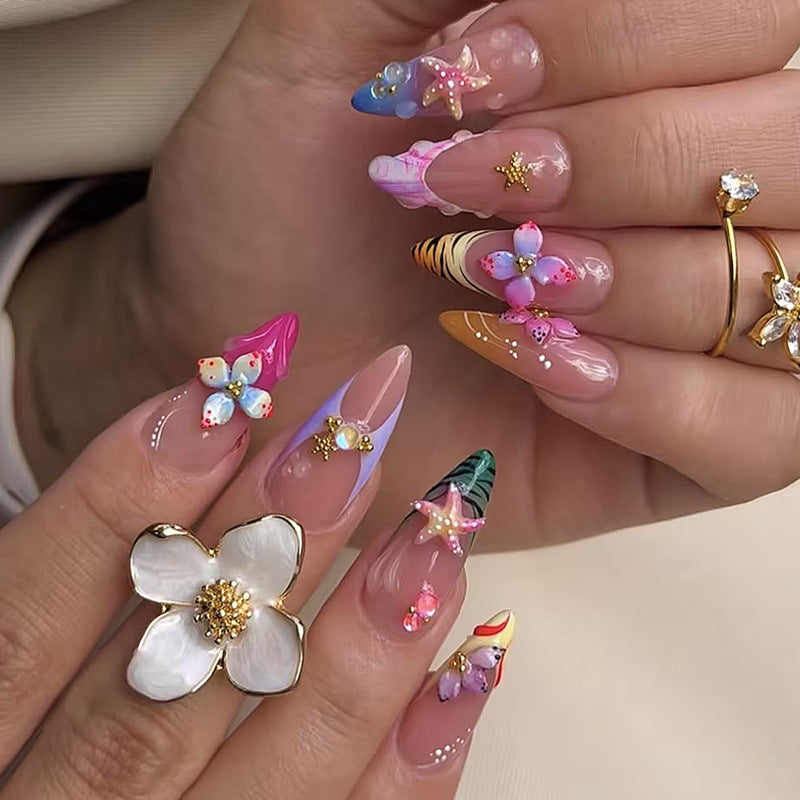 Decorative Press-On Nail Set with Floral Accents Bowlift 1788495788