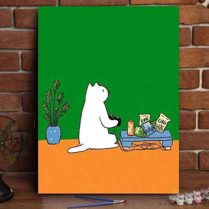 Whimsical Cat Watering Plants Canvas Art Bowlift