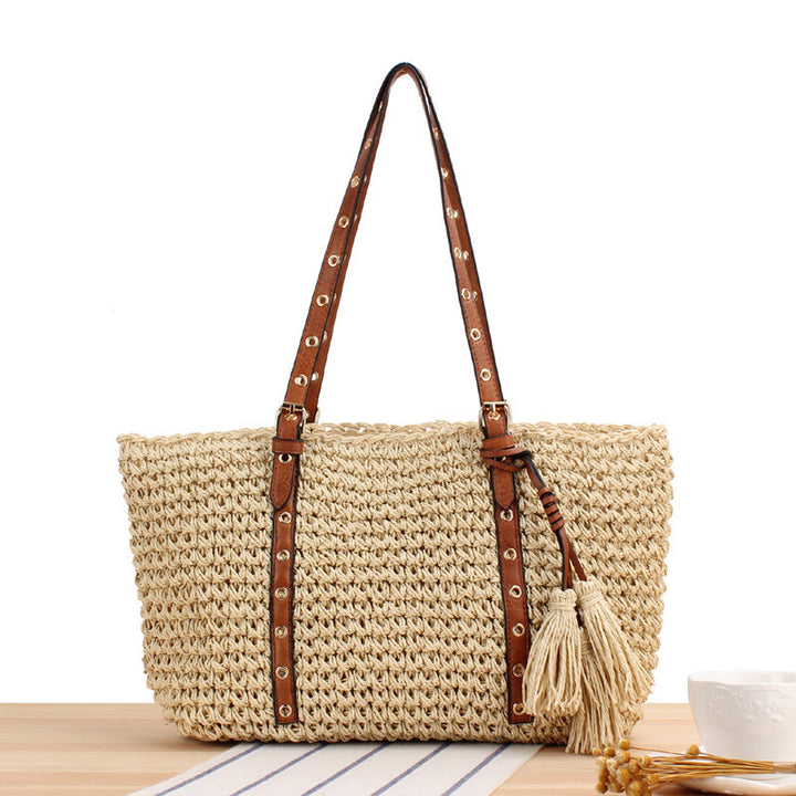 Large Braided Beach Bag with Elegant Contrast Handles Bowlift
