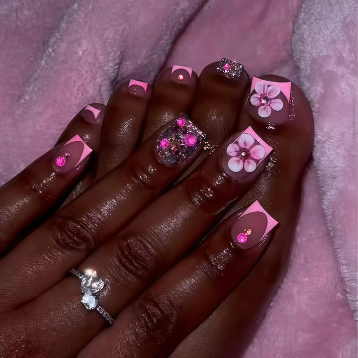 Floral Artistry Press-On Nails with Gemstone Accents Bowlift