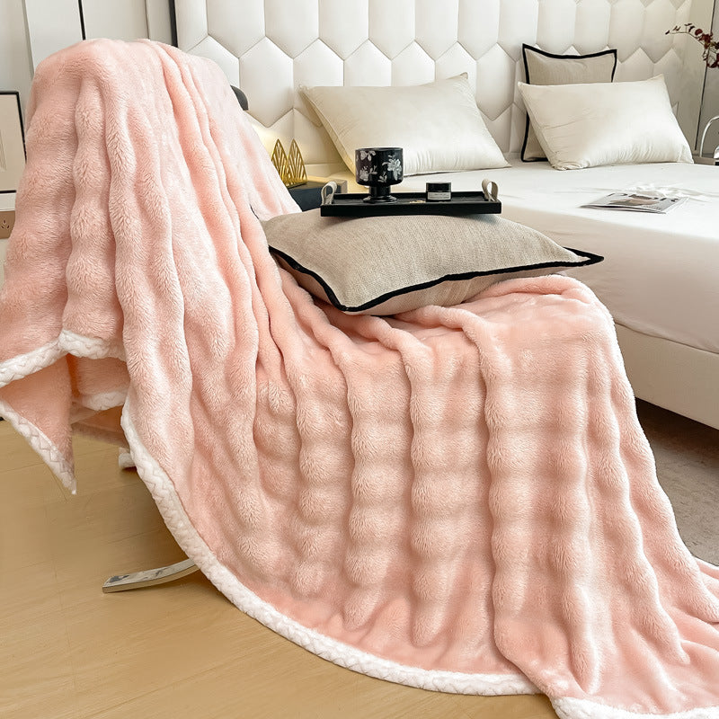 Plush Waffle-Textured Faux Fur Throw Blanket with Sherpa Backing Bowlift