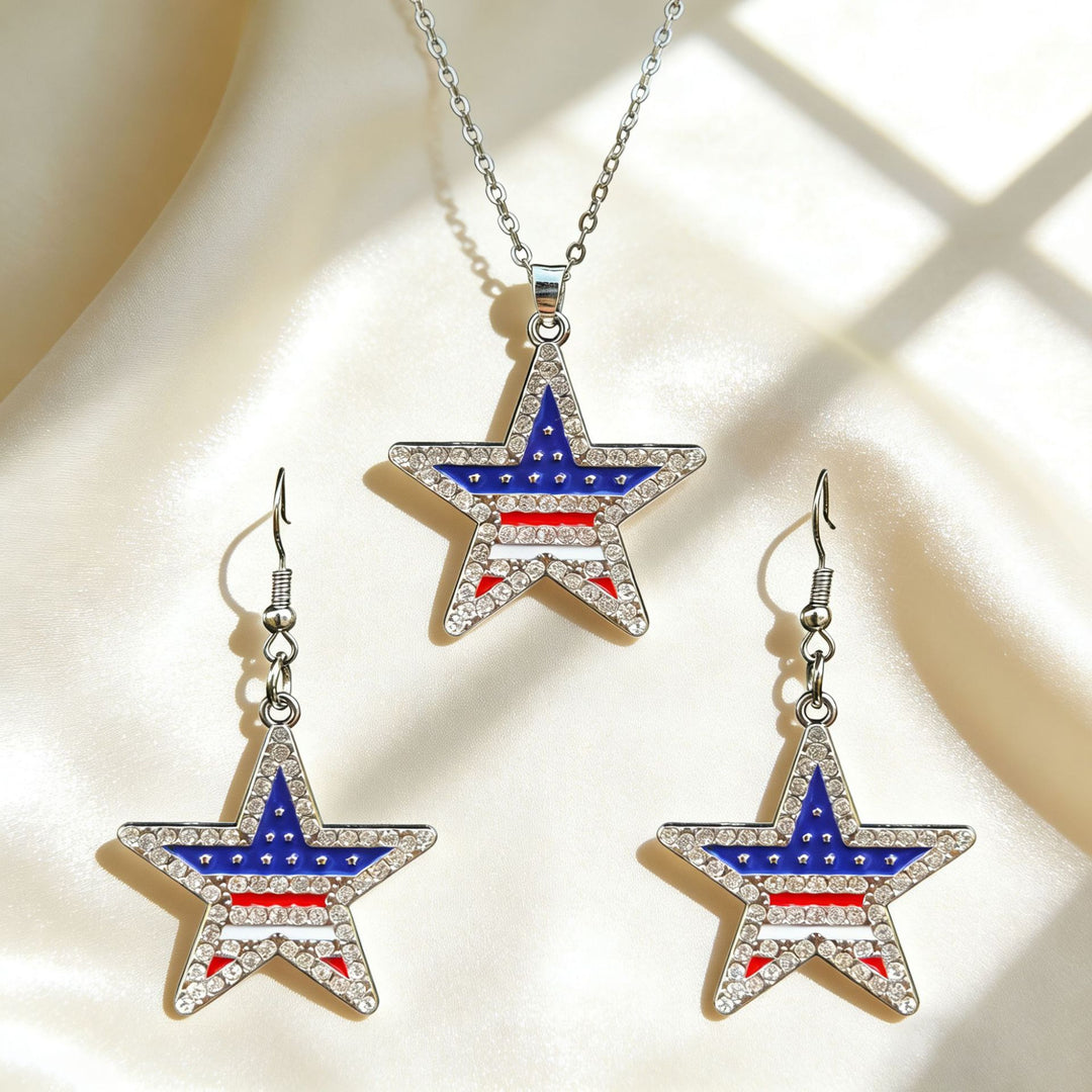 Women's patriotic jewelry set flip-flop pendant necklace and earrings with enamel and crystal embellishment Bowlift