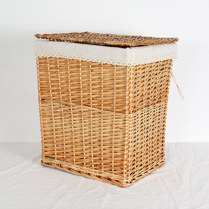 Ladies laundry basket with checked fabric cover and elegant lace trim Bowlift