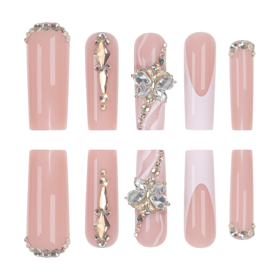 Elegant Long Press-On Nail Set with Decorative Gem and Floral Accents Bowlift